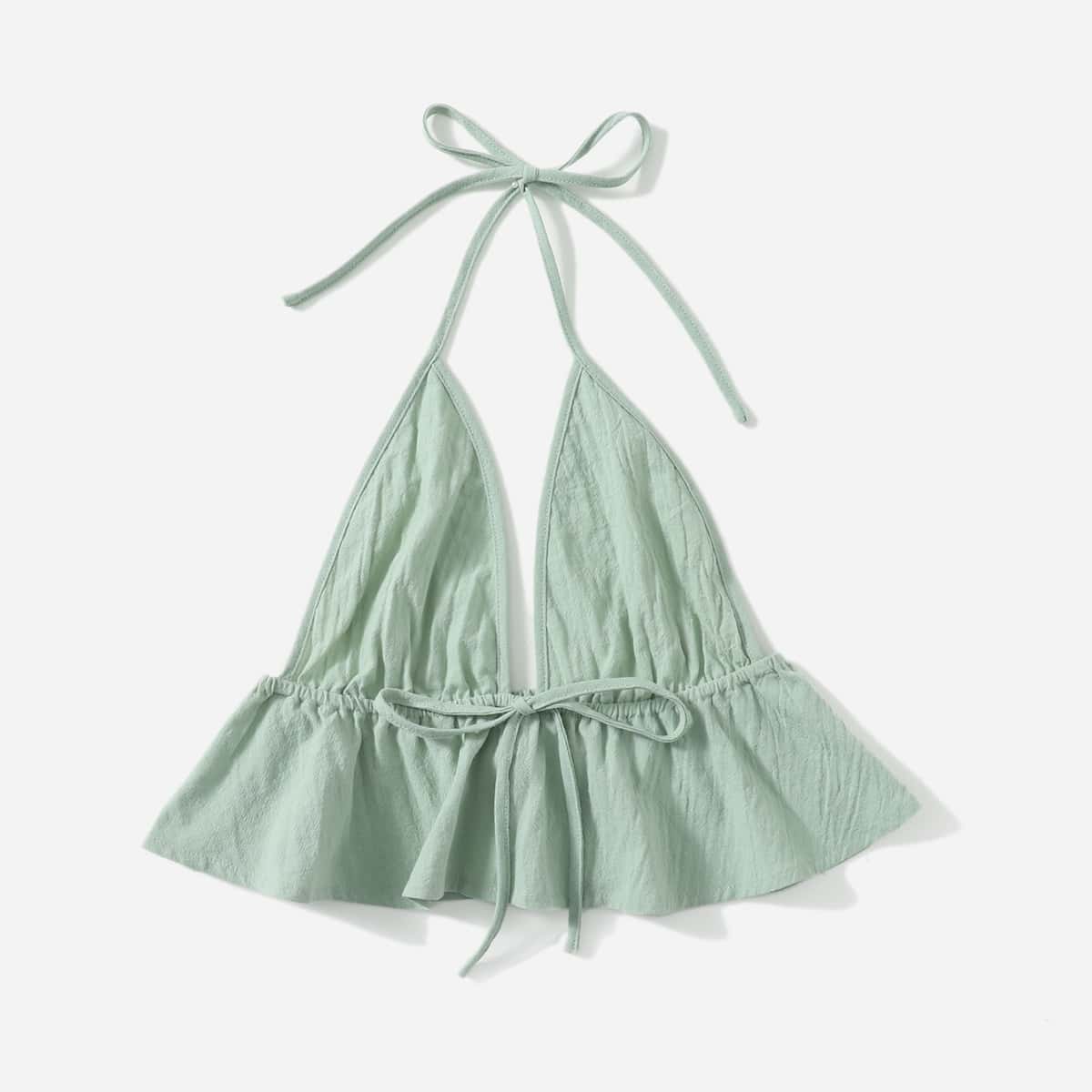 

Solid Ruffle Hem Halter Top, Mint green