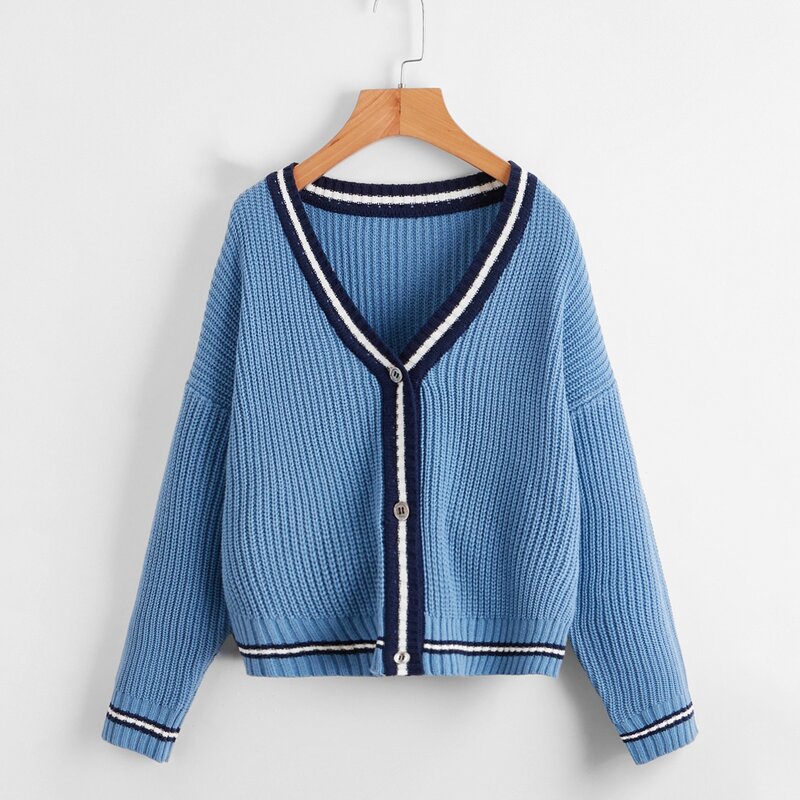 

Contrast Binding Button Front Cardigan, Blue