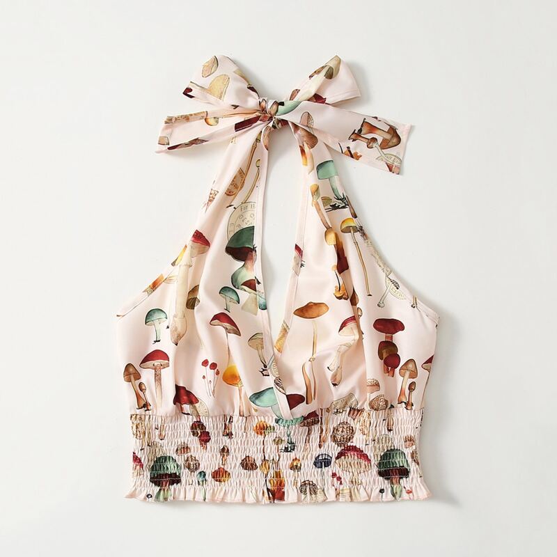 

Mushroom Graphic Shirred Halter Top, Multicolor