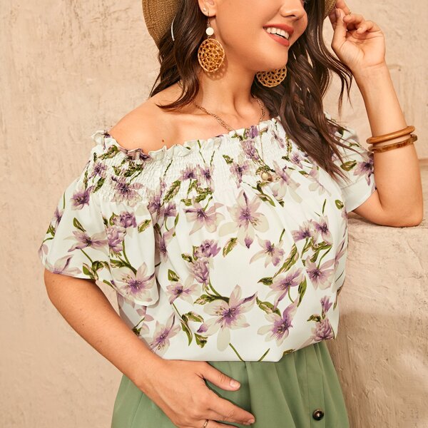 

Plus Floral Print Off The Shoulder Blouse, Multicolor