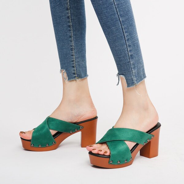 

Cross Strap Chunky Heeled Mule Sandals, Green