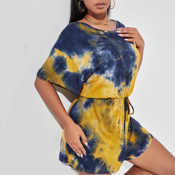 

Plus Drop Shoulder Knot Back Tie Dye Romper, Multicolor
