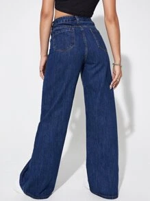 SHEIN EZwear 斜插口袋高腰闊腿褲 - 深色水洗藍 - 查看 2