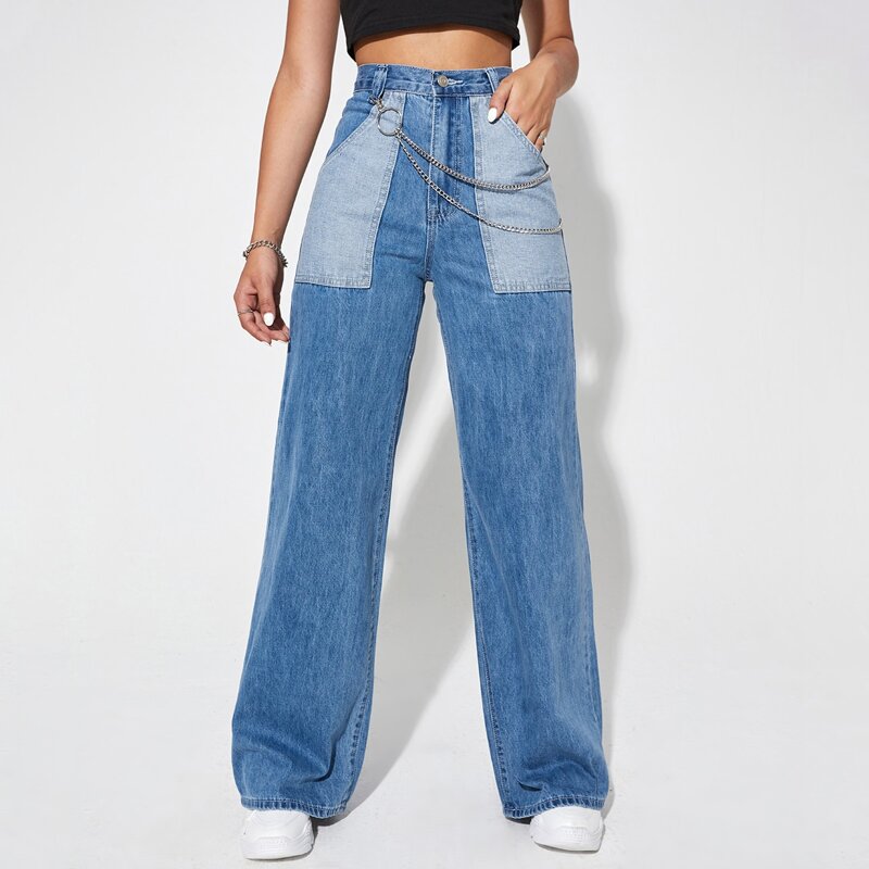 

Chain Detail Contrast Pocket Wide Leg Jeans, Medium wash