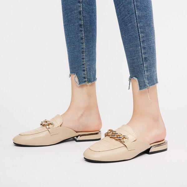

Chain Decor Croc Embossed Flat Mules, Apricot