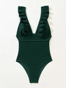 SHEIN Swim Summer Beach Rib Ruffle Trim One Piece Swimsuit - Dark Green - View 3