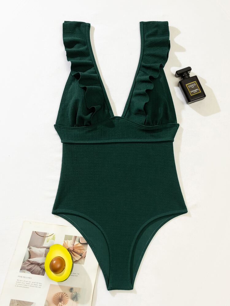 SHEIN Swim Summer Beach Rib Ruffle Trim One Piece Swimsuit - Dark Green - View 4