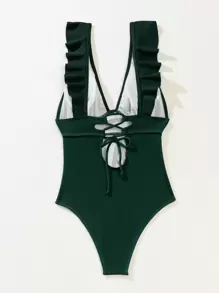 SHEIN Swim Summer Beach Rib Ruffle Trim One Piece Swimsuit - Dark Green - View 5