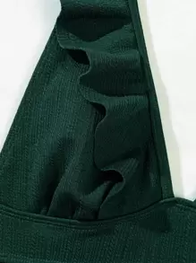 SHEIN Swim Summer Beach Rib Ruffle Trim One Piece Swimsuit - Dark Green - View 6