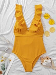 Rib Ruffle Trim One-Piece Swimsuit, For Summer Beach Vacation - Yellow - View 3
