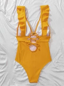 Rib Ruffle Trim One-Piece Swimsuit, For Summer Beach Vacation - Yellow - View 4