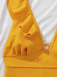 Rib Ruffle Trim One-Piece Swimsuit, For Summer Beach Vacation - Yellow - View 5