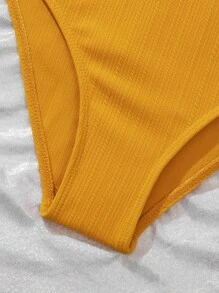Rib Ruffle Trim One-Piece Swimsuit, For Summer Beach Vacation - Yellow - View 6