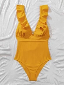 Rib Ruffle Trim One-Piece Swimsuit, For Summer Beach Vacation - Yellow - View 7