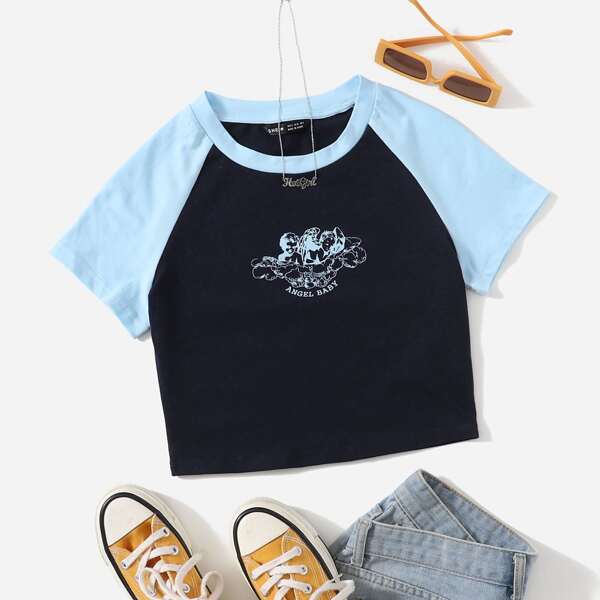 

Letter and Angel Print Raglan Sleeve Tee, Navy blue