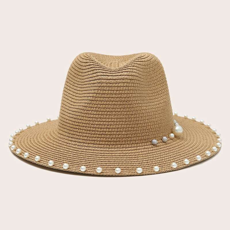 

Faux Pearl Decor Straw Hat, Khaki
