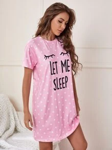 Slogan And Polka Dot Print Pajama Night Dress, Moo Moo Night Dress - Pink - View 3
