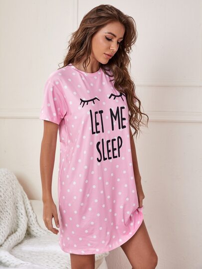 Slogan Polka Dot Print Pajama Night Dress view 3