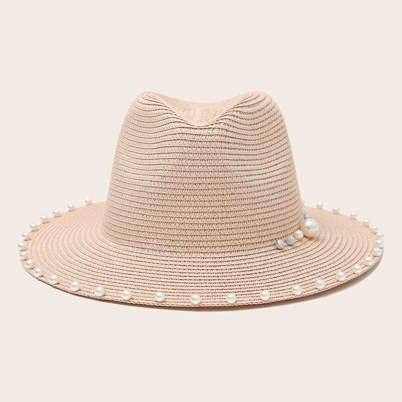 

Faux Pearl Decor Straw Hat, Dusty pink