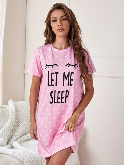 Slogan Polka Dot Print Pajama Night Dress view 4