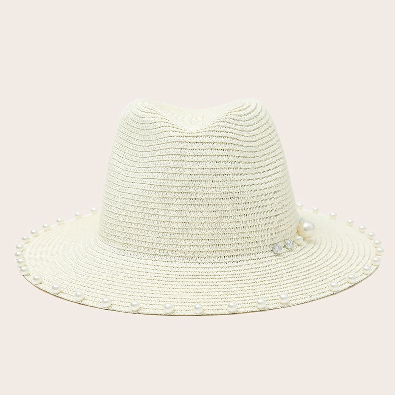 

Faux Pearl Decor Straw Hat, White