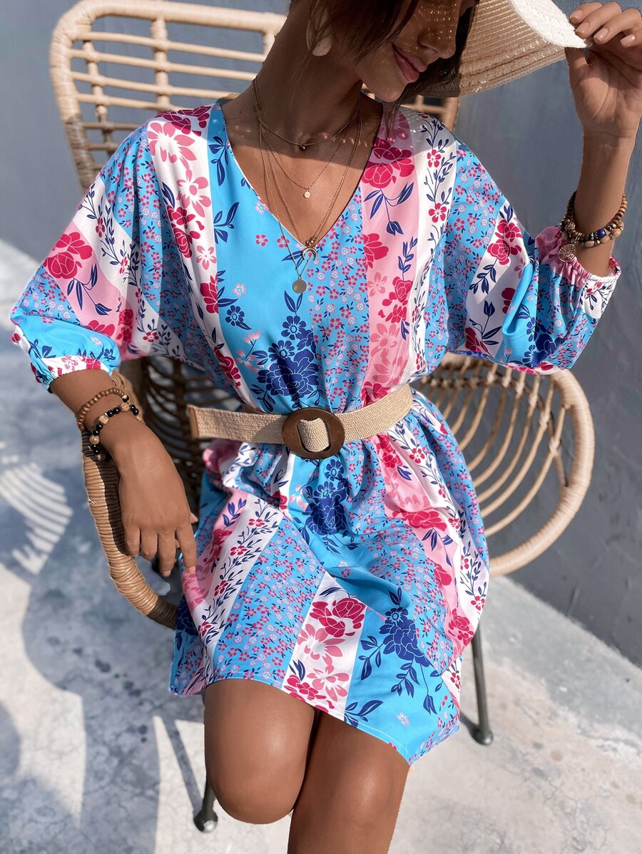 GENKIRA Floral Colorblock A-line Dress Without Belted - Multicolor - View 1