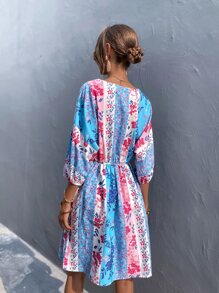 GENKIRA Floral Colorblock A-line Dress Without Belted - Multicolor - View 2