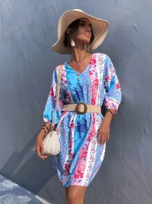 GENKIRA Floral Colorblock A-line Dress Without Belted - Multicolor - View 3