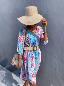 GENKIRA Floral Colorblock A-line Dress Without Belted - Multicolor - View 4