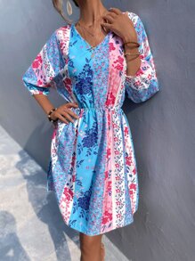 GENKIRA Floral Colorblock A-line Dress Without Belted - Multicolor - View 5