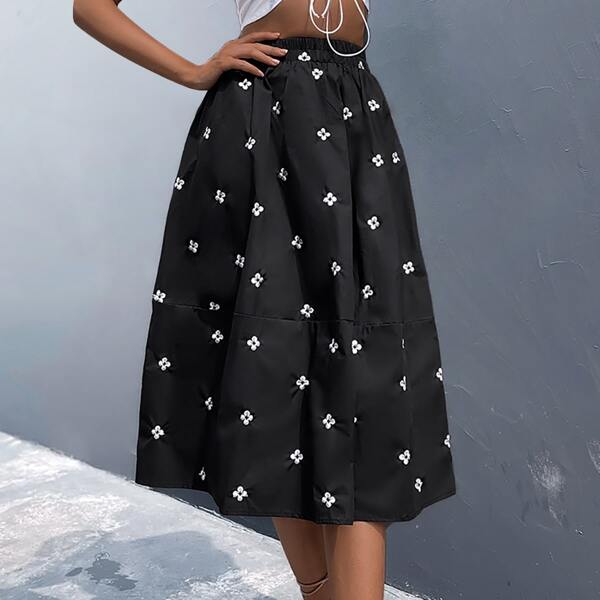 

Allover Floral Embroidered Flared Skirt, Black