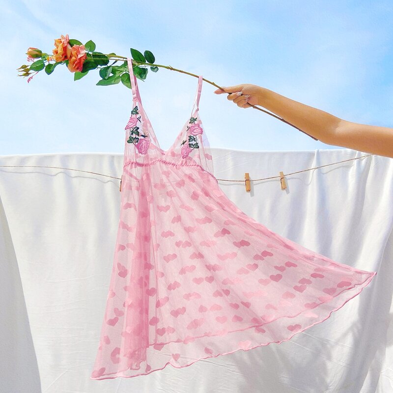 

Heart Pattern Floral Embroidery Sheer Sleep Dress, Pink