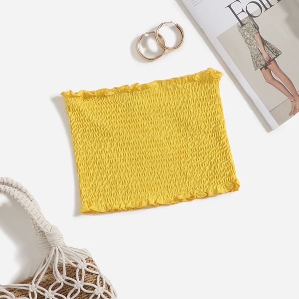 

Frill Trim Shirred Tube Top, Yellow