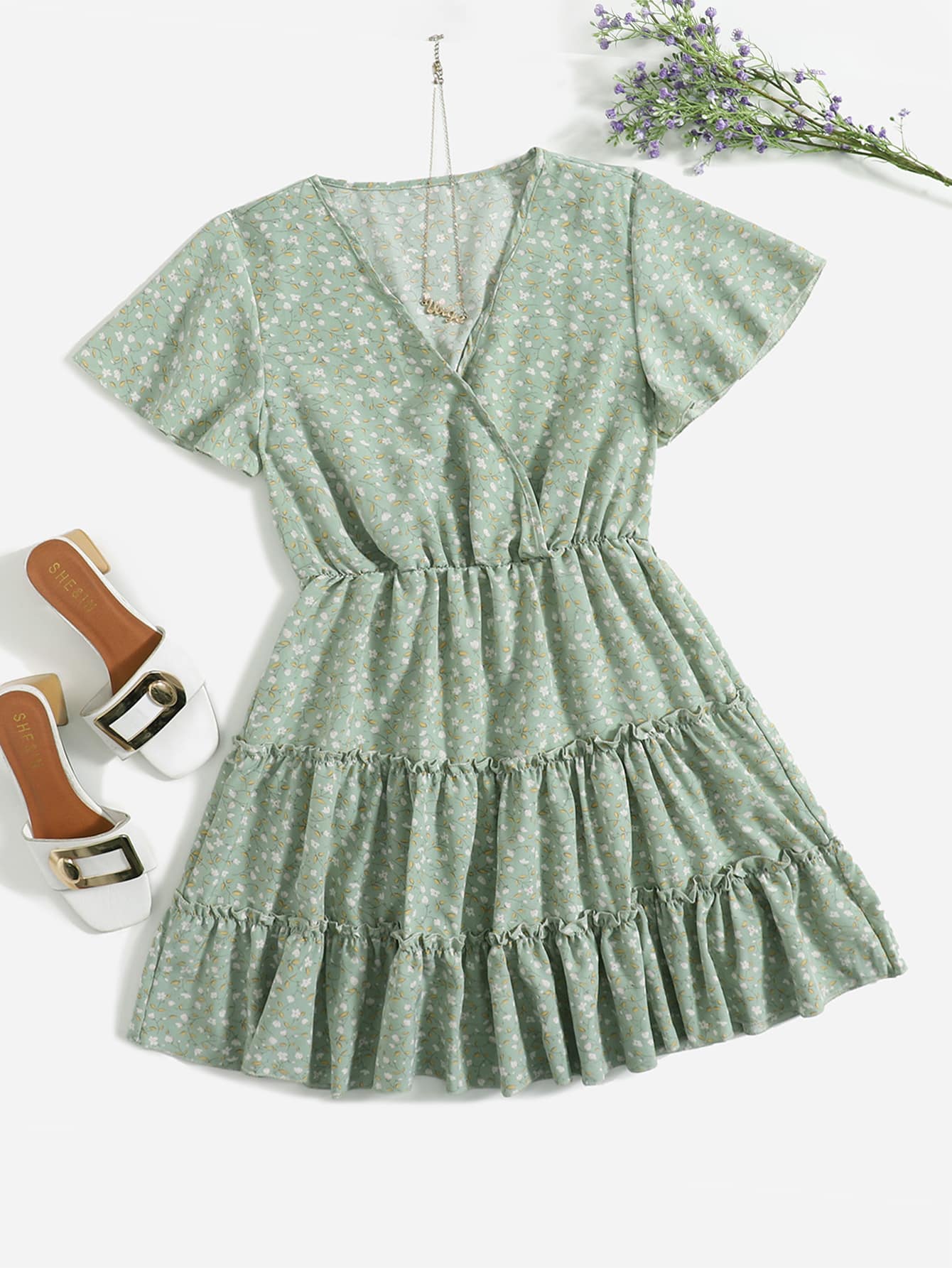 Breezaya Ditsy Floral Overlap Collar Ruffle Hem Dress - Green - View 1