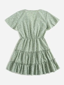 Breezaya Ditsy Floral Overlap Collar Ruffle Hem Dress - Green - View 2