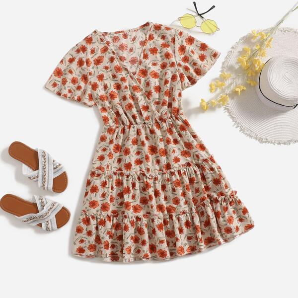 

Allover Floral Overlap Collar Ruffle Hem Dress, Multicolor