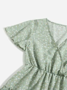 Breezaya Ditsy Floral Overlap Collar Ruffle Hem Dress - Green - View 4