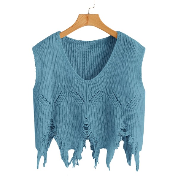 

Frayed Raw Trim Pointelle Knit Top, Dusty blue