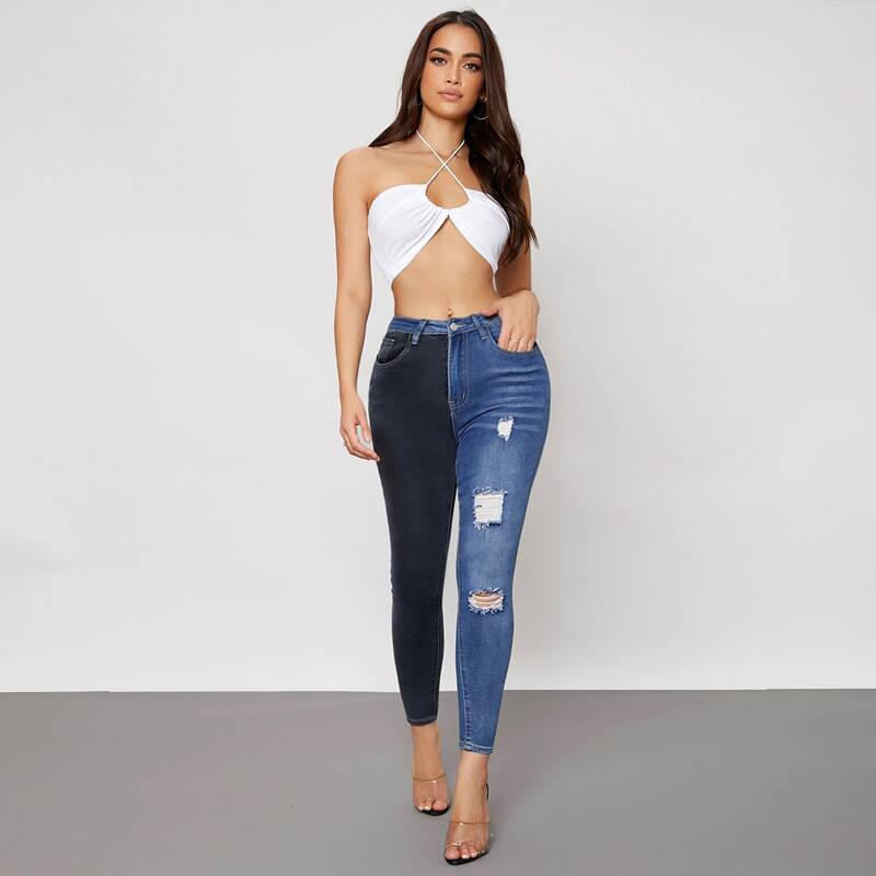 

High Waisted Ripped Colorblock Jeans, Multicolor