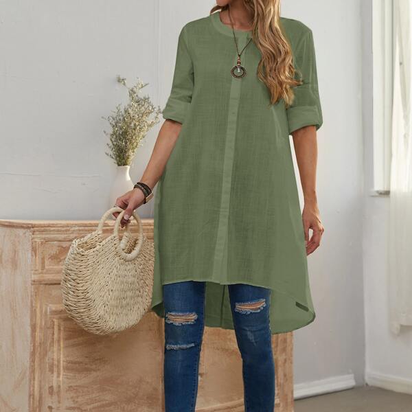 

Roll Up Sleeve High Low Blouse, Army green