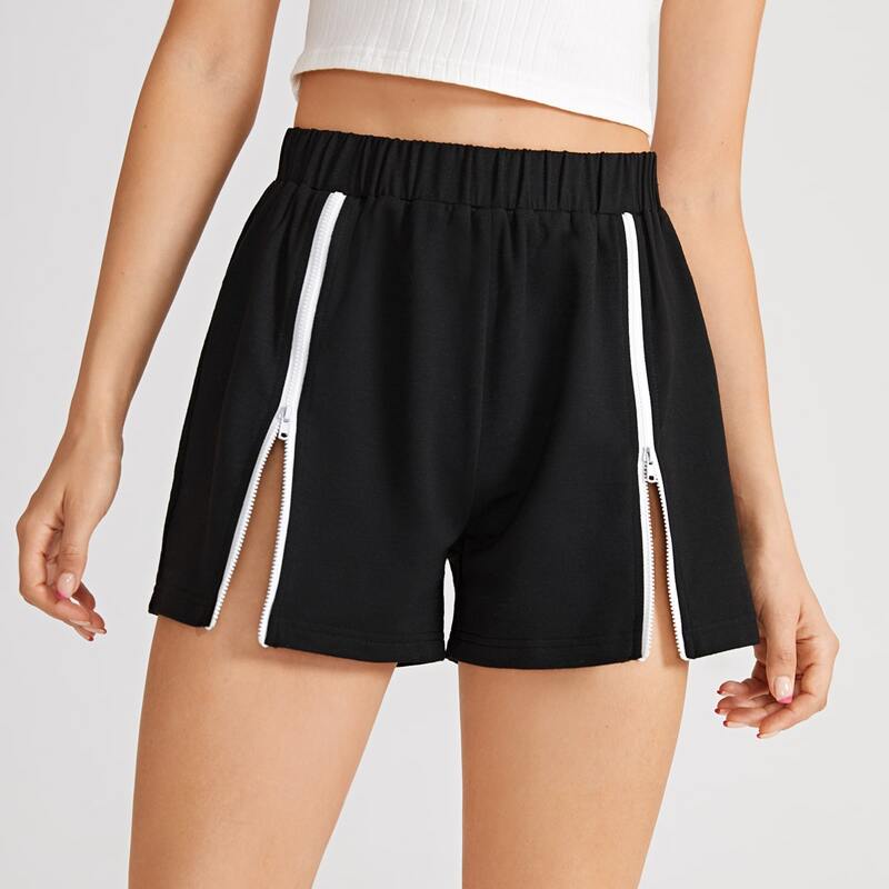 

Zipper Elastic Waist Shorts, Black