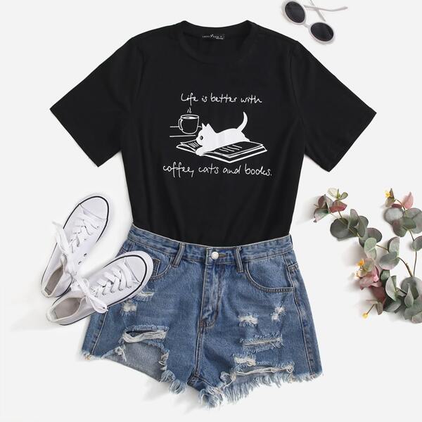 

Cat & Slogan Graphic Tee, Black