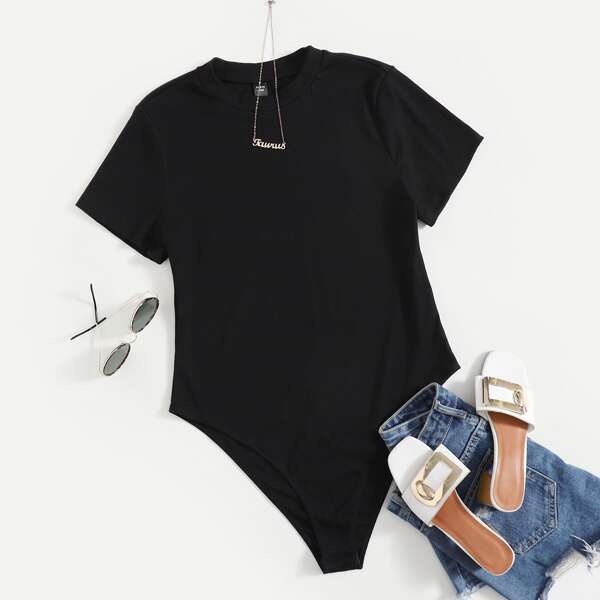 

Plus Solid Round Neck Bodysuit, Black