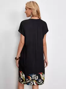 Floral Print V Neck Dress - Black - View 2