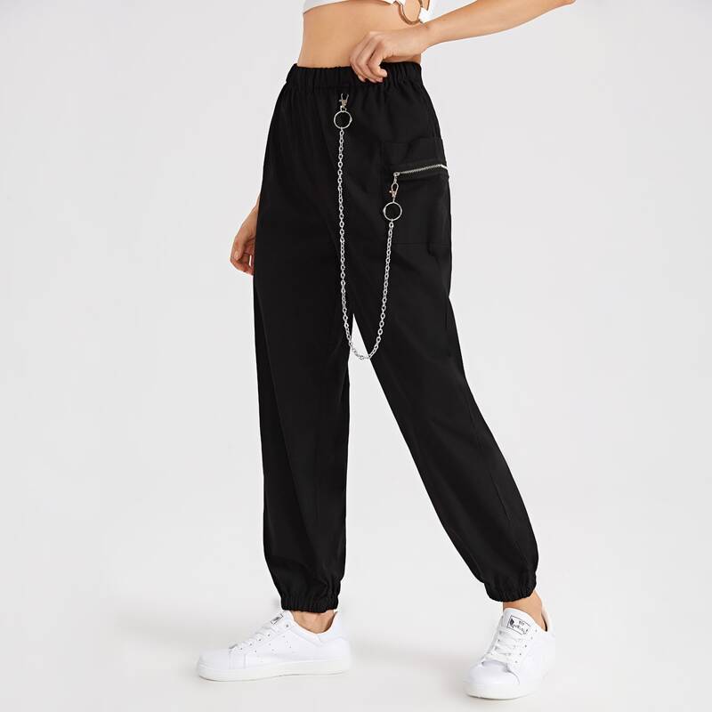 

Solid Zipper Chain Ring Joggers, Black