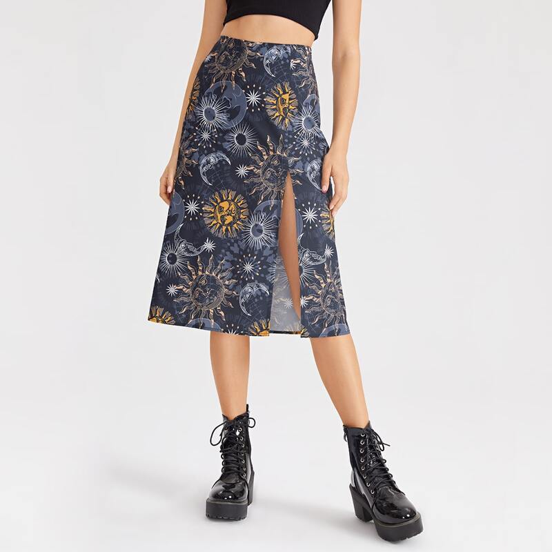 

Sun & Moon Graphic Split Skirt, Multicolor