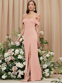 SHEIN 素色露肩開衩洋裝 - 藕粉色 - 查看 3