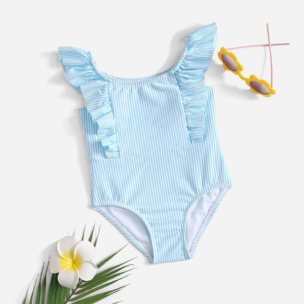 

Toddler Girls Striped Ruffle One Piece Swimsuit, Blue and white