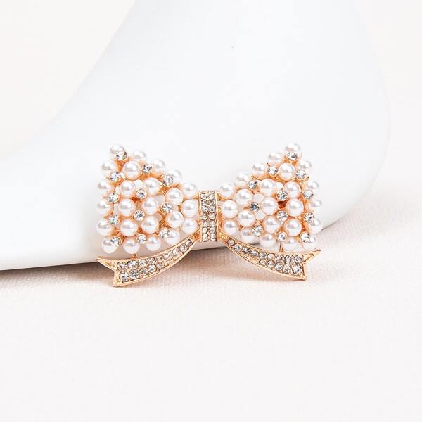 

Faux Pearl Decor Bow Brooch, Gold