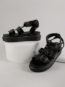 Faux Leather Double Buckle Ankle Strap Sandals - Black - View 2